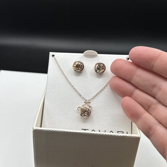 Tahari Necklace Earrings Set Champagne CZ Rose Gold Tone Bezel 18" Chain NIB - Picture 7 of 8